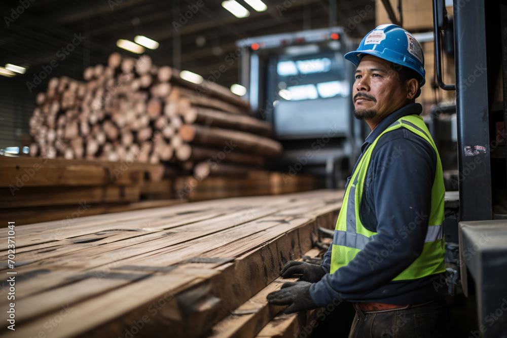 A south american worker securing a load of lumber from a flatbed truck in the warehouse interior in the background during morning with soft natural lighting A south american worker securing a load of lumber from a flatbed truck in the warehouse interior in the background during morning with soft natural lighting