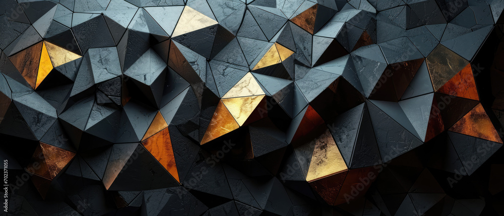 Textured geometric pyramids in dark tones with striking gold accents. - obrazy, fototapety, plakaty 