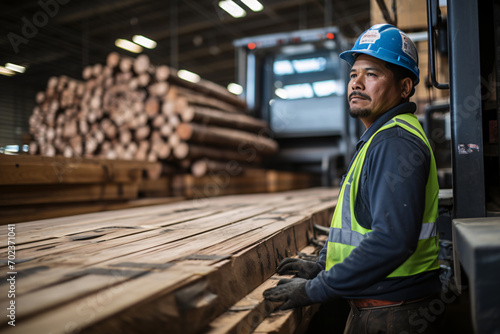 A south american worker securing a load of lumber from a flatbed truck in the warehouse interior in the background during morning with soft natural lighting