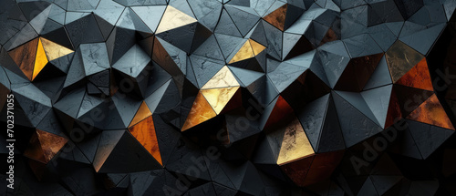 Textured geometric pyramids in dark tones with striking gold accents.