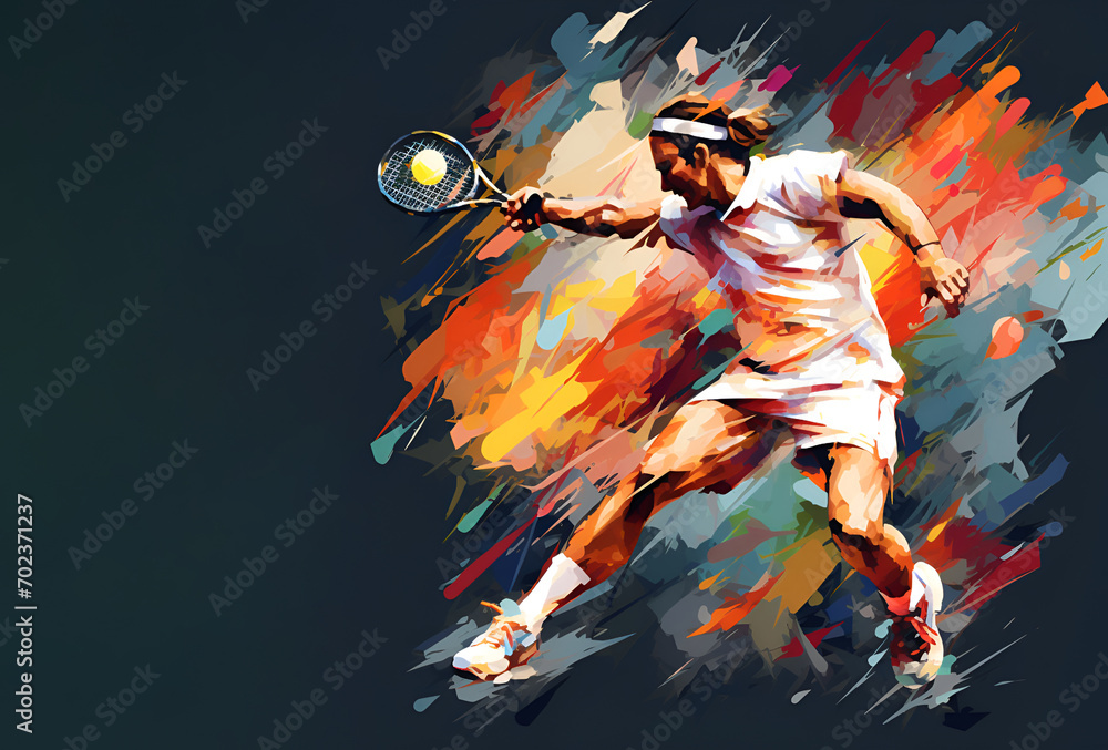 Large Tennis. man with racket and flying ball ready for strike during tennis match. silhouettes of tennis players - obrazy, fototapety, plakaty 