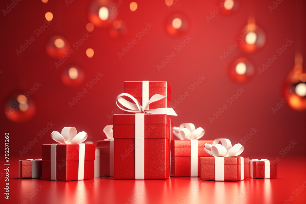 Christmas red background with presents, 3D render
