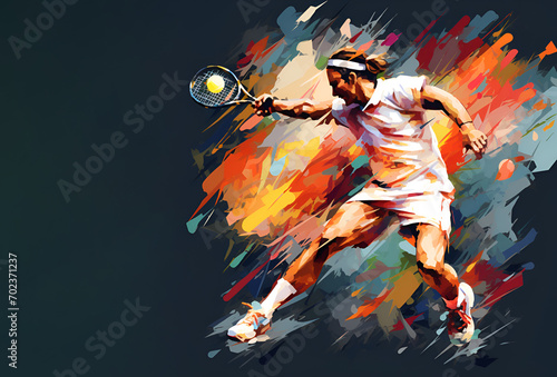 Large Tennis. man with racket and flying ball ready for strike during tennis match. silhouettes of tennis players