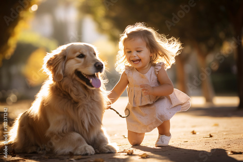 An young toddler girl joyfully playing with brown golden retriever in park in the morning 
