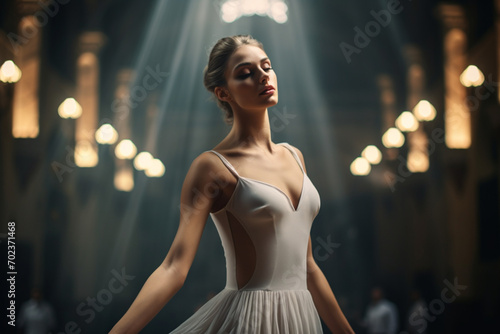 Cinematic shot of graceful ballerina in ballet tutu performing in dim opera lobby and practicing gymnastic movement. Female ballet dancer on choreography rehearsal in theater. Classical ballet art