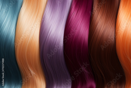 Beauty  fashion  make-up and hairstyle concept. Set of various dyed human hair colorful strands background with copy space. Macro close-up view
