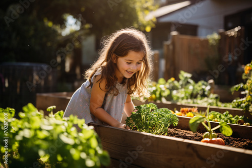 A young girl harvesting vegetables in a sunlit backyard garden with a rustic wooden fence in the background