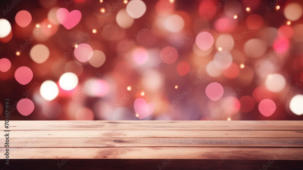 Empty wooden table top with Valentines Day blurred background bokeh as hearts. Festive abstract pattern