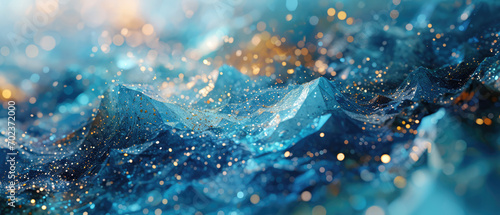 Digital landscape shimmering with blue tones and golden highlights.