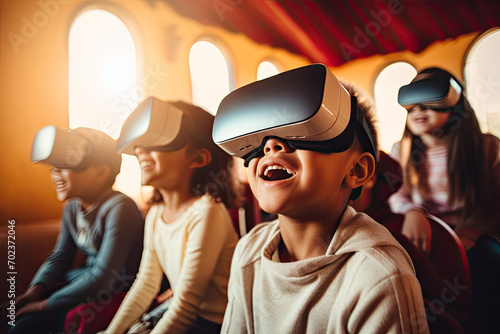 Futuristic family fun with virtual reality headsets, experiencing innovation and togetherness in entertainment. photo