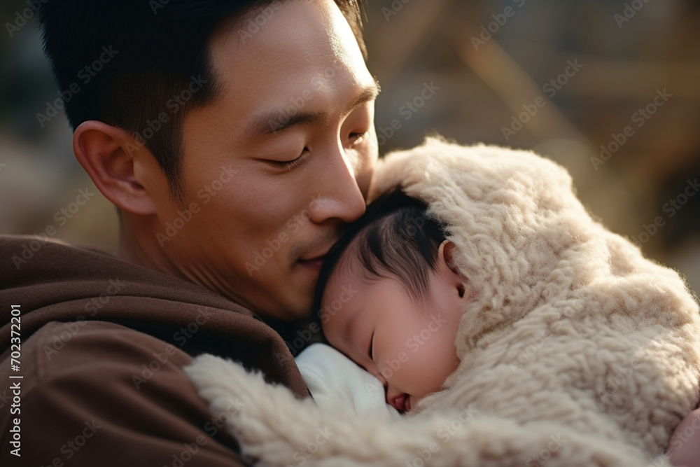 Close up of a loving young Asian father carrying his newborn baby daughter in arms. Bonding moment of father and daughter. Fatherhood. Skin to skin contact. Love, care and tenderness
