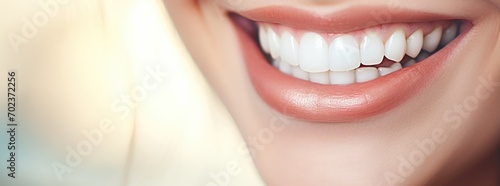 Beautiful female smile after teeth whitening procedure on light background. Dental care. Dentistry concept. Banner with copy space photo