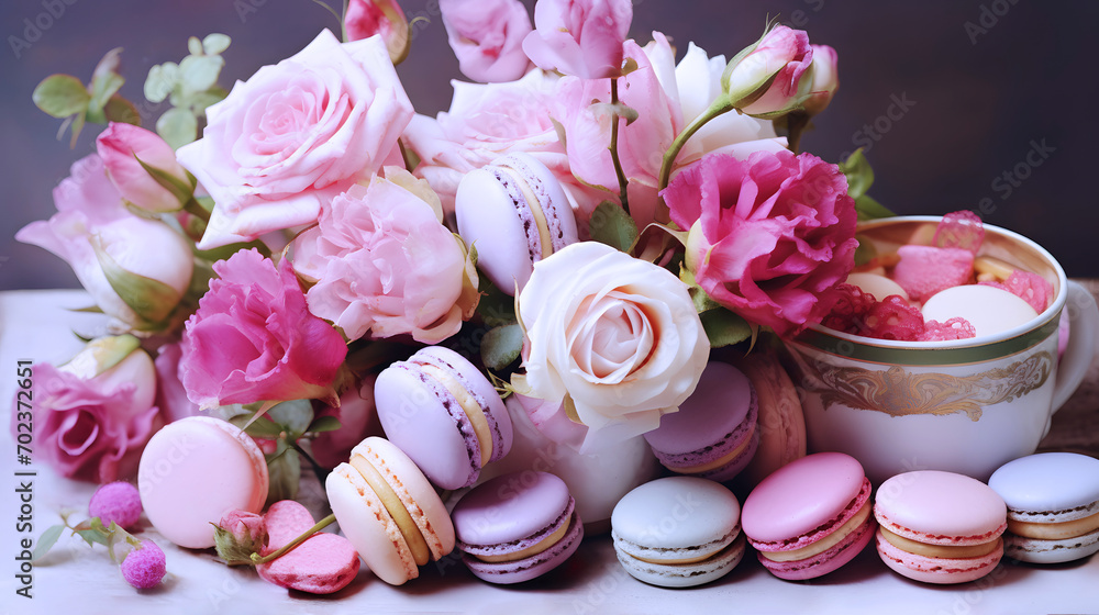 Close up of macaroons and roses in pastel colors in a box, for Valentine's gift or wedding Close up of macaroons and roses in pastel colors in a box, for Valentine's gift or wedding