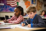 Multiracial elementary school students are writing in the classroom