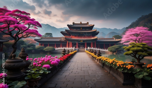 Temple, Castle, Sky, War, Warrior, Mountain, Magic, Power, Life, Powerful, Energy, Mystery, Fantasy, AI Generated, china, Japan, Garden, religion.