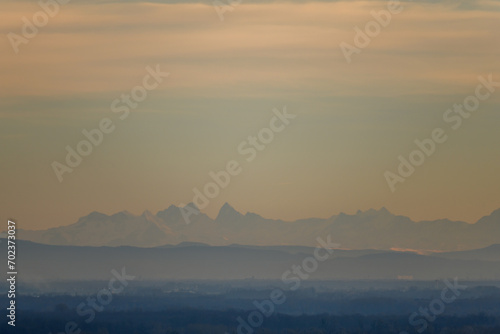 Silhouette of the Alps mountain range seen from the Vosges at 200 km.