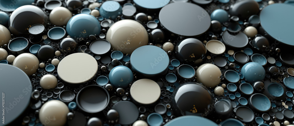 Spheres and circles in black, blue and cream white, creating a luxurious abstract 3D composition. Spheres and circles in black, blue and cream white, creating a luxurious abstract 3D composition.