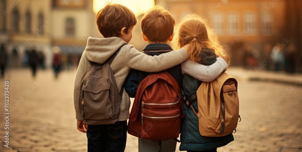Happy little elementary school students hugging after meeting in school classroom, wear backpack