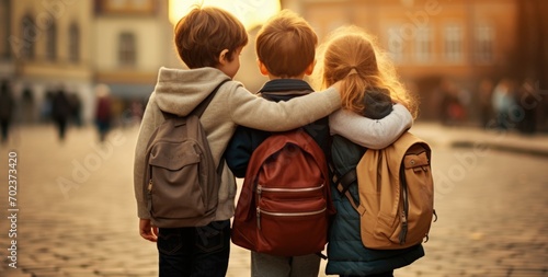 Happy little elementary school students hugging after meeting in school classroom, wear backpack