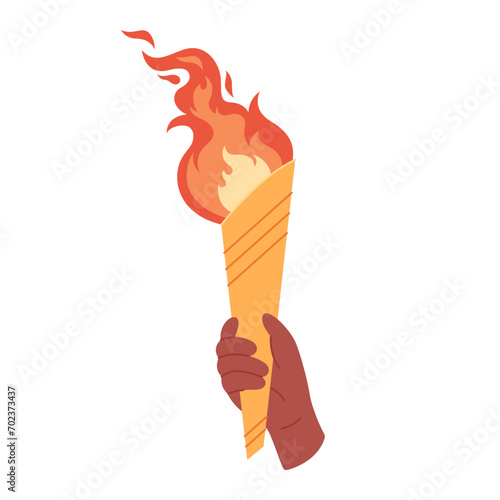 Burning torch with flame in hand. Symbol of competition victory, champion. Vector illustration in flat style