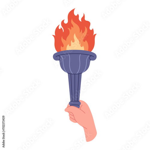 Burning torch with flame in hand. Symbol of competition victory, champion. Vector illustration in flat style