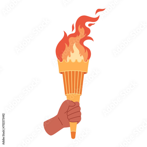 Burning torch with flame in hand. Symbol of competition victory, champion. Vector illustration in flat style