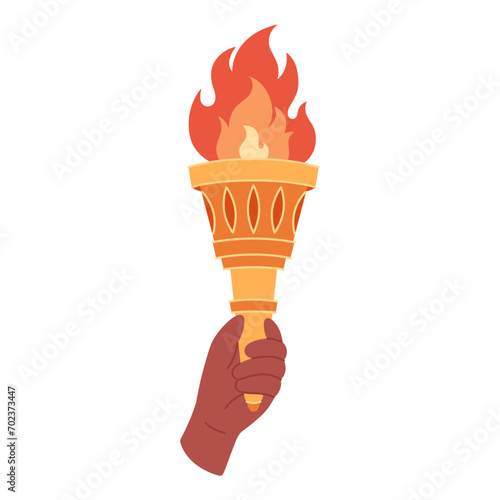 Burning torch with flame in hand. Symbol of competition victory, champion. Vector illustration in flat style