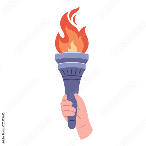 Burning torch with flame in hand. Symbol of competition victory, champion. Vector illustration in flat style