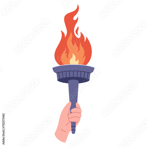 Burning torch with flame in hand. Symbol of competition victory, champion. Vector illustration in flat style