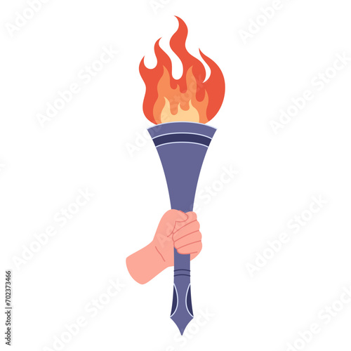 Burning torch with flame in hand. Symbol of competition victory, champion. Vector illustration in flat style