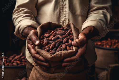 Cocoa beans in the hands of a farmer on the background of bags