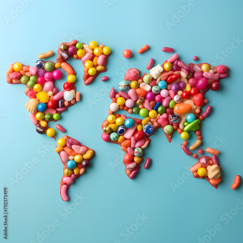 A world map made of candies. Creative food concept. Geography.