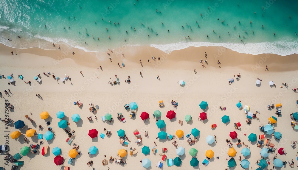 Aerial View of Bustling Beach with Colorful Umbrellas