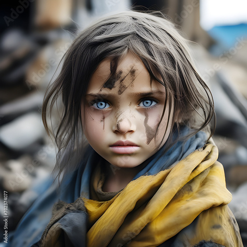 A little tired girl with big eyes and grimy, in soot face near the ruins of the house wrapped in the blue-yellow flag of Ukraine.