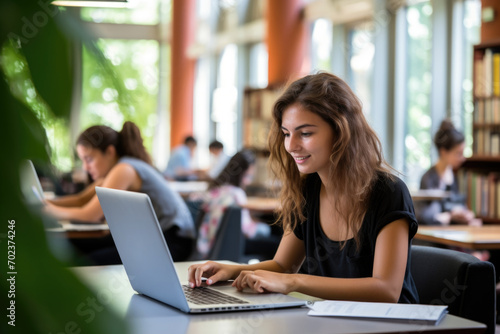 College students use laptops in the university library to study together