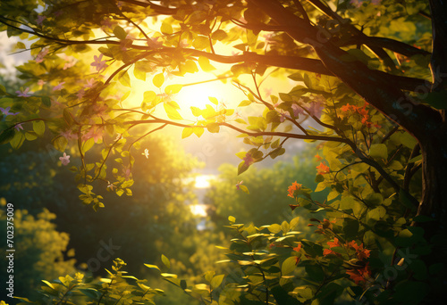 Sunlight shine through forest created amber golden light, a sense of freedom and adventure, Cozy Serene, Silent, Enchanting, atmospheric