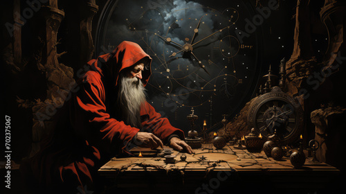 wizard, monk sitting at table photo
