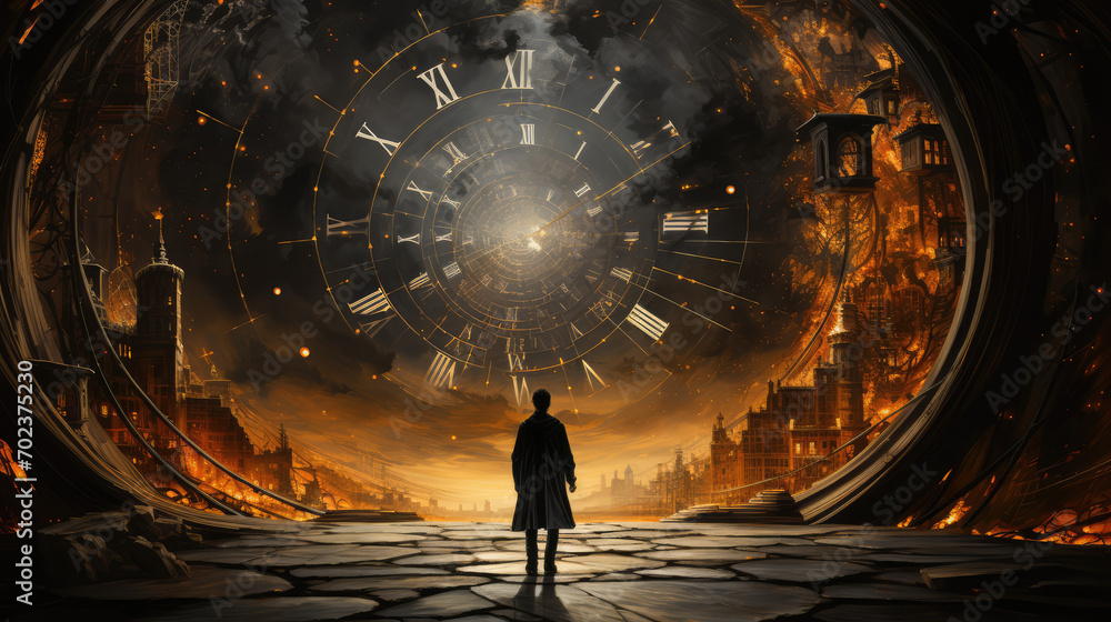 man stands beneath enormous clock - obrazy, fototapety, plakaty 