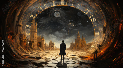 man stands beneath enormous clock