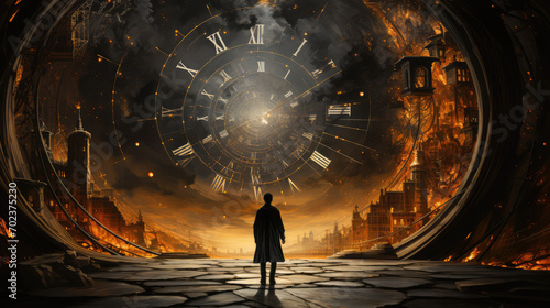 man stands beneath enormous clock