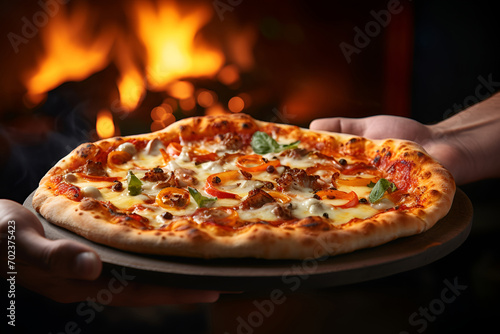 Wood-fired pizza on a wooden tray in hands