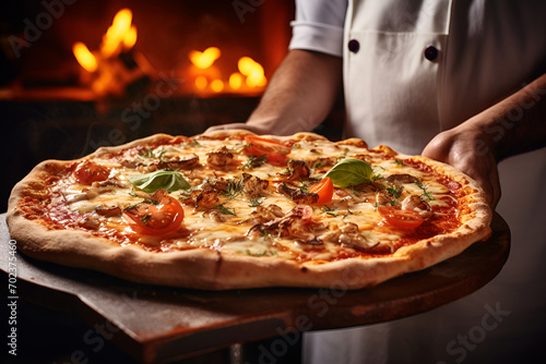 The cook holds a fragrant wood-fired pizza with cheese, greens and tomatoes