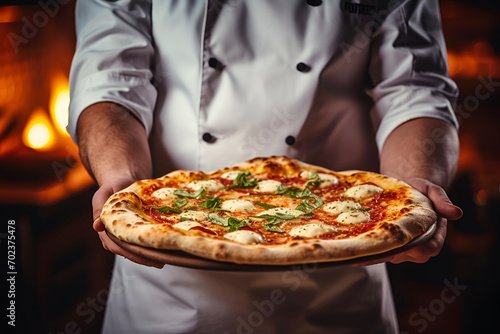 The cook holds a wood-fired pizza with cheese and herbs