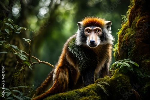 Amidst the enchanting foliage of a tropical paradise, a Wolf's Mona Monkey perches on a moss-covered branch,