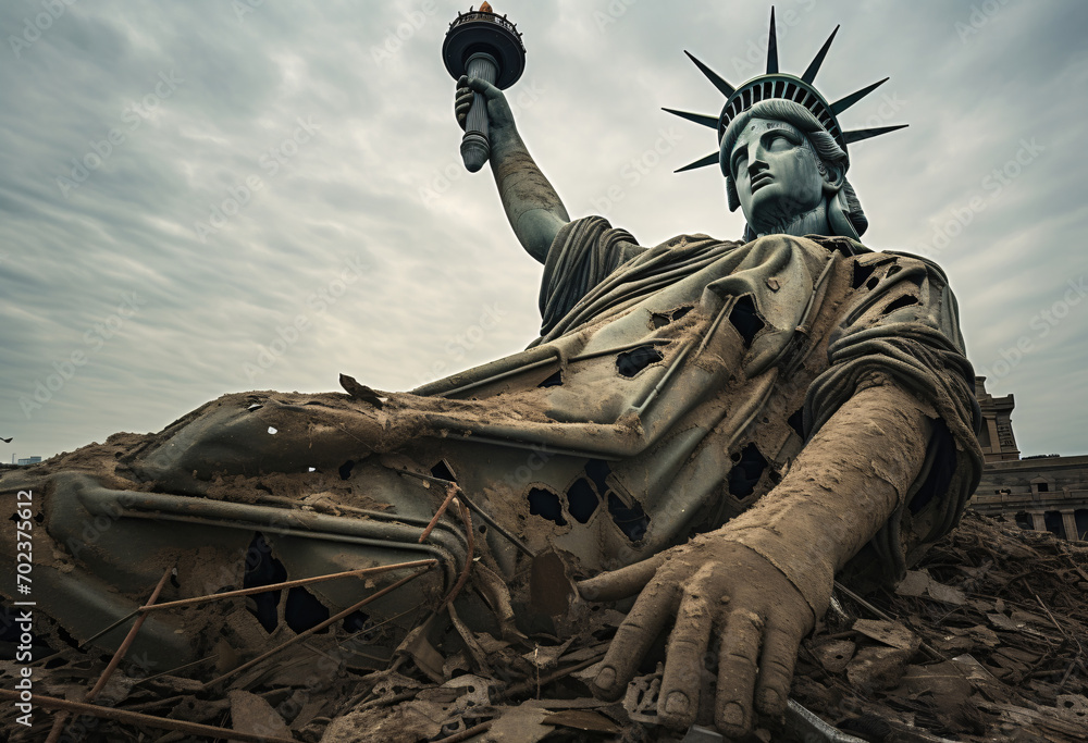 Abandoned of the statue of liberty, destroyed,  end of the world,  Apocalyptic vision of the future world - Disaster concept for climate change, global war, terrorism or alien attack