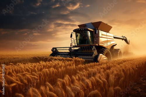 Combine harvester on the wheat field