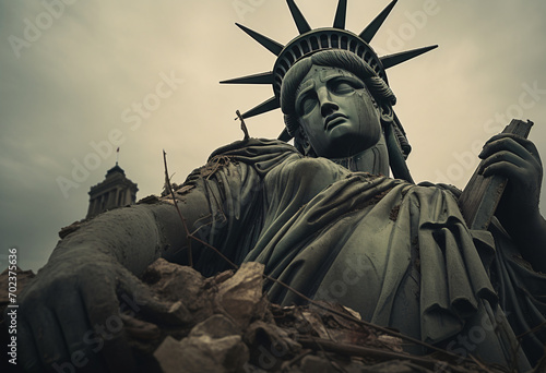 The statue of liberty destroyed, Apocalyptic concept, future world, disaster concept for climate change, collapsed Statue of Liberty