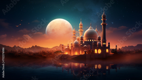 Ramadan Kareem background.Crescent moon at a top of a mosque