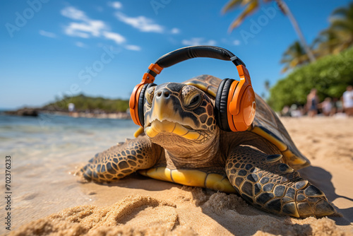 Turtle on the beach wearing large headphones. Vacation concept. Generated by artificial intelligence