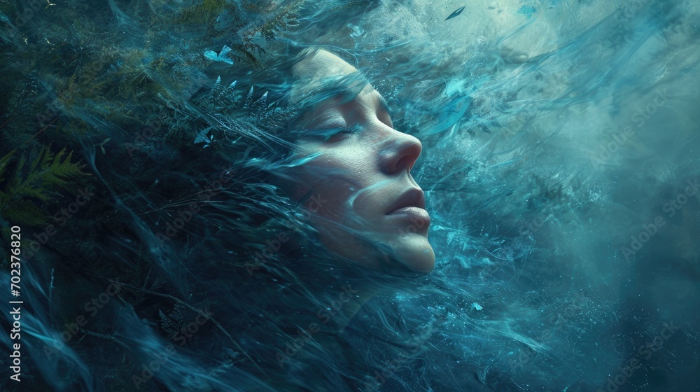 Beautiful young woman floating in water with her head submerged in water Beautiful young woman floating in water with her head submerged in water